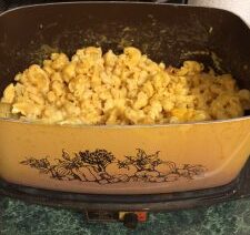 Macaroni and cheese in a vintage dish.