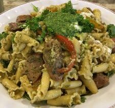 Pasta dish with meat and vegetables.