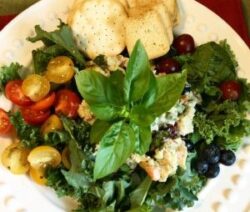 Fresh salad with tomatoes, crackers, and basil.