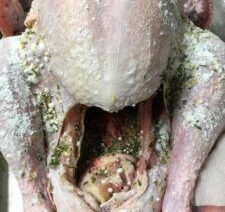 Raw turkey seasoned with herbs and salt.