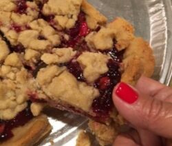 Hand holding a piece of fruit tart.