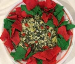 Festive dip with red and green chips.