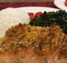 Crusted salmon with rice and greens.