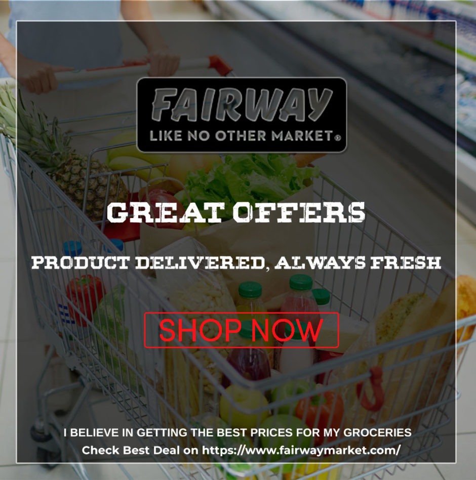 Promotional banner for Fairway Market with fresh product delivery and shop now call-to-action.