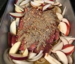 Roast beef with apples and onions.