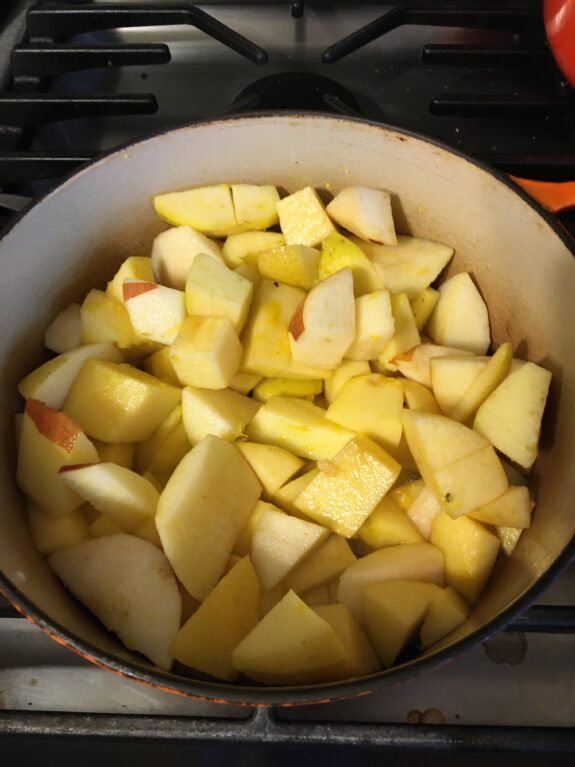 Chopped apples in a pot ready for cooking.