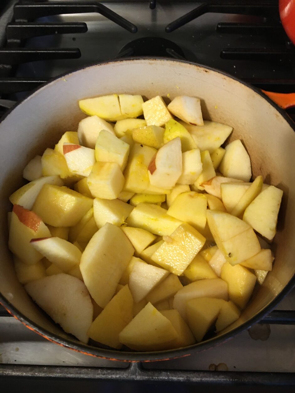 Chopped apples in a pot ready for cooking.