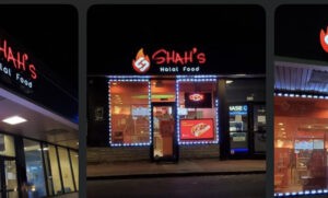 Shah's Halal Food restaurant exterior at night.